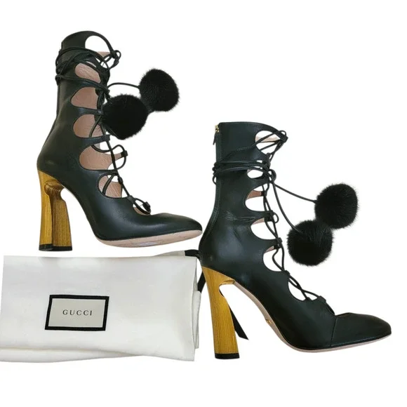 Gucci Heloise Black Leather Lace Up Pom Pom High Heeled Boots 6.5 36.5 409230 - Picture 3 of 17